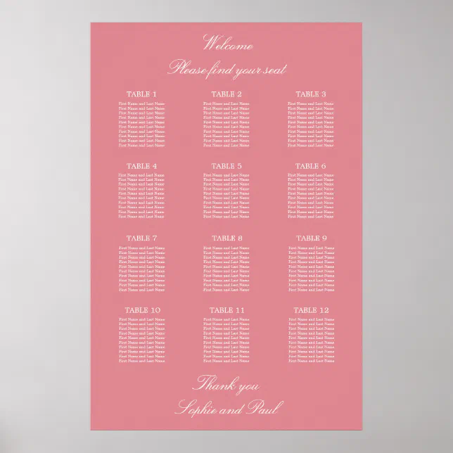 Blush Pink 12 Table Wedding Seating Chart Poster