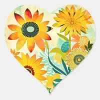 Pretty Yellow Flowers Whimsical Folk Art Heart Sticker