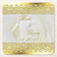 Elegant White Rose with Gold Lace Square Paper Coaster