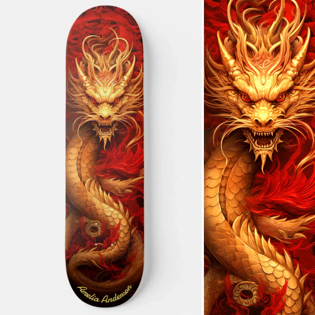 Red & Gold Gold Chinese Dragon Skateboard