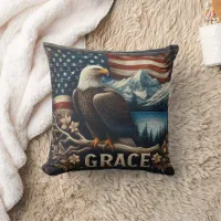 Eagle Perched on Branch Against Mountain Landscape Throw Pillow