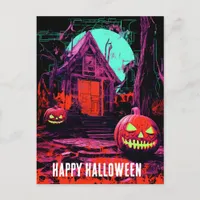 Pink Orange Purple Haunted Halloween House Postcard