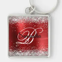 Sparkly Silver Glitter Girly Red Foil Monogram Keychain