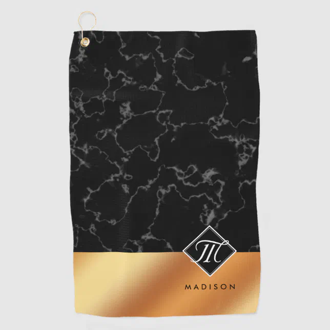 Elegant Black Marble & Copper Foil Script Monogram Golf Towel