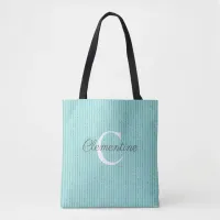 Cute Turquoise Teal Blue Glitter Stripes Monogram Tote Bag