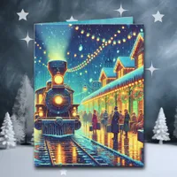 Vintage Train Station on Christmas Eve Snowy Night Card