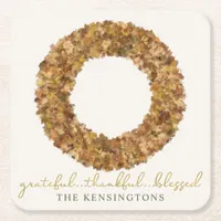 Elegant Autumn Leaves Thanksgiving Rustic Wreath Square Paper Coaster