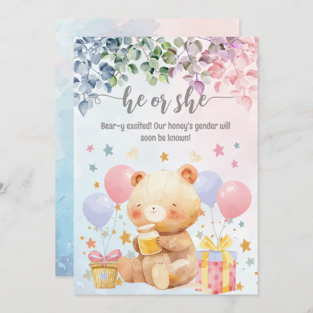 He Or She Bear-y Excited Gender Reveal Baby Shower Invitation