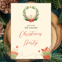 Watercolor Red and Green Wreath Christmas Party Invitation