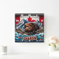 Beaver by Water With Canadian Flag Square Wall Clock