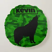 Modern Green Camo Black Wolf Silhouette Monogram | Round Pillow