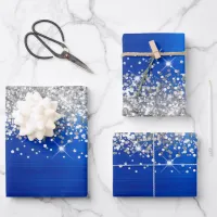 Sparkly Silver Glitter Royal Blue Faux Foil Wrapping Paper Sheets