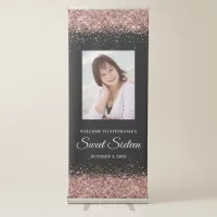 Black and Rose Gold Glitter Sweet Sixteen Welcome Retractable Banner