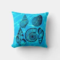 Aqua Whimsical Sea Shells Throw Pillow