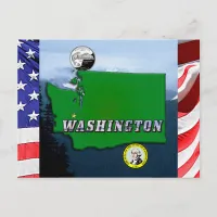 Washington State Map Faux Quarter, Seal, Mountains Postcard