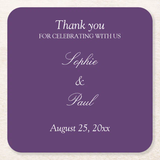 Elegant Dark Purple Wedding Thank You Square Paper Coaster