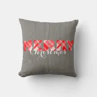 Merry Christmas Red Festive Plaid Script On Wood Throw Pillow