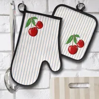 Red Cherries on Blue Stripes  Oven Mitt & Pot Holder Set