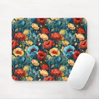 Beautiful Yellow Red Blue Flowers Botanical Print Mouse Pad