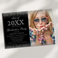 Modern Silver Glitter Black Photo Graduation Invitation