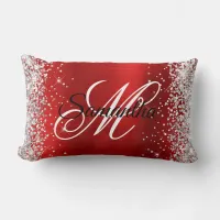 Silver Glitter Shiny Red Foil Fancy Monogram Lumbar Pillow