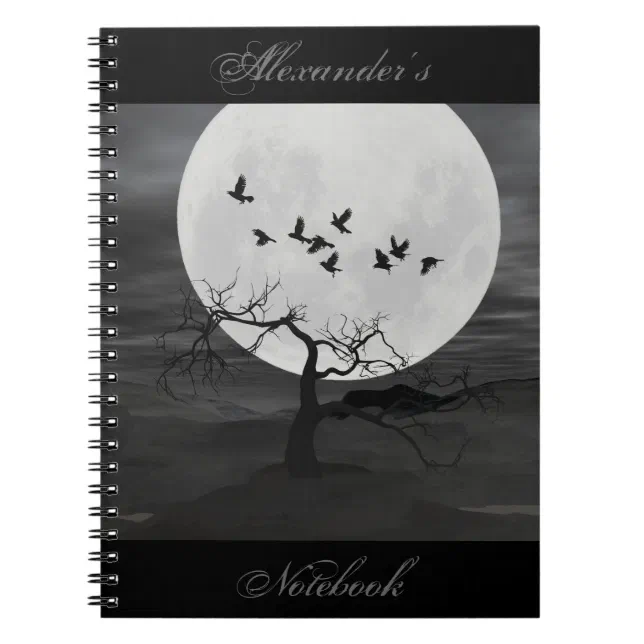 Spooky Ravens Flying Against the Full Moon Notebook