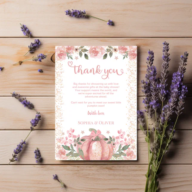 Sweet As A Pumpkin Pink Floral Girl Baby Shower Thank You Card