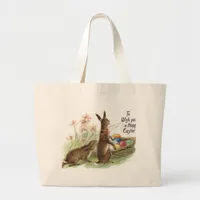 Vintage Brown Easter Rabbits Eggs in Basket, ZSSG Large Tote Bag