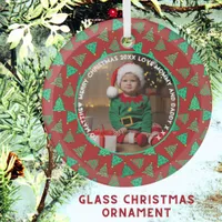 Cute Photo And Green Christmas Trees | Red Name Glass Ornament