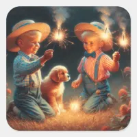 Little Boys Playing with Firework Fourth of July Square Sticker