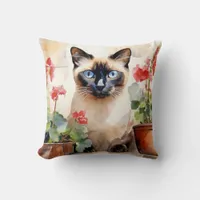 Cute Watercolor Siamese Cat Red Geranium Flowers Throw Pillow