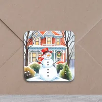 Cute Whimsical Snowman in the Suburbs Christmas Square Sticker