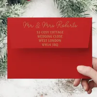 Gold Wedding Script Mr & Mrs Red Return Address Envelope