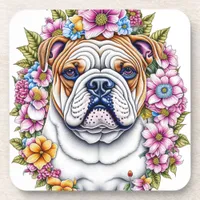 Ai Art Bulldog Surrounded by Whimsical Flowers Beverage Coaster