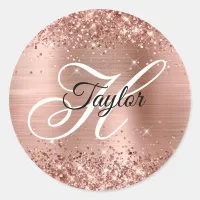 Glittery Rose Gold Metallic Fancy Monogram Classic Round Sticker