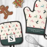 Colorful Christmas Reindeer Monogrammed Oven Mitt & Pot Holder Set