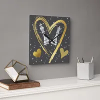 Gold Hearts King and Queen Chess Pieces on Black | Square Wall Clock