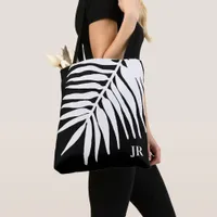 Black and White Palm Leaf Monogram Tote Bag