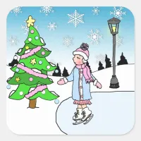 Christmas Ice Skater on Snowy Winter Day Square Sticker