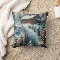 Winter Log Cabin on a Snowy Day Christmas Throw Pillow