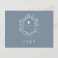 Dusty Blue Floral Crest Monogram Wedding RSVP Postcard