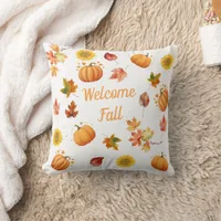 Watercolor Fall Leaves and Pumpkins Throw Pillow