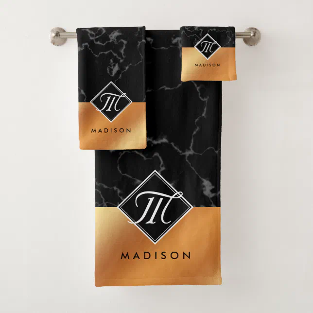 Elegant Black Marble & Copper Foil Monogram Bath Towel Set