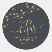 Modern String Lights Wedding Mr and Mrs Gold ID585 Classic Round Sticker