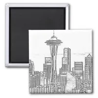 Minimalist Black and White Seattle Skyline Magnet