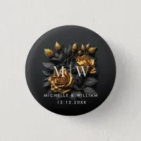 Black Gold Roses Gothic Monogram Wedding  Button