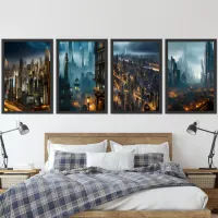 A Tale of Four Cities AI Art Urbanscape at Night Wall Art Sets