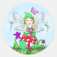 Fairy Elf Girl Sitting on Magical Mushroom Classic Round Sticker