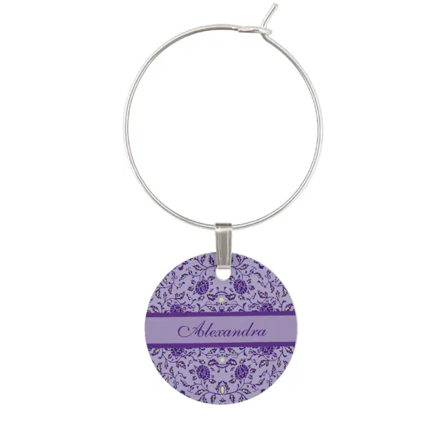 Elegant Flowery Purple Damask Wine Glass Charm