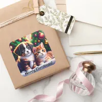 Cute puppy and cat under Christmas tree Square Sticker